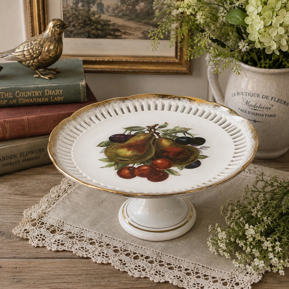 Vintage Pedestal Dish Appetizer Stand Painted‎ Fruit Reticulated Edge 3.75" Tall